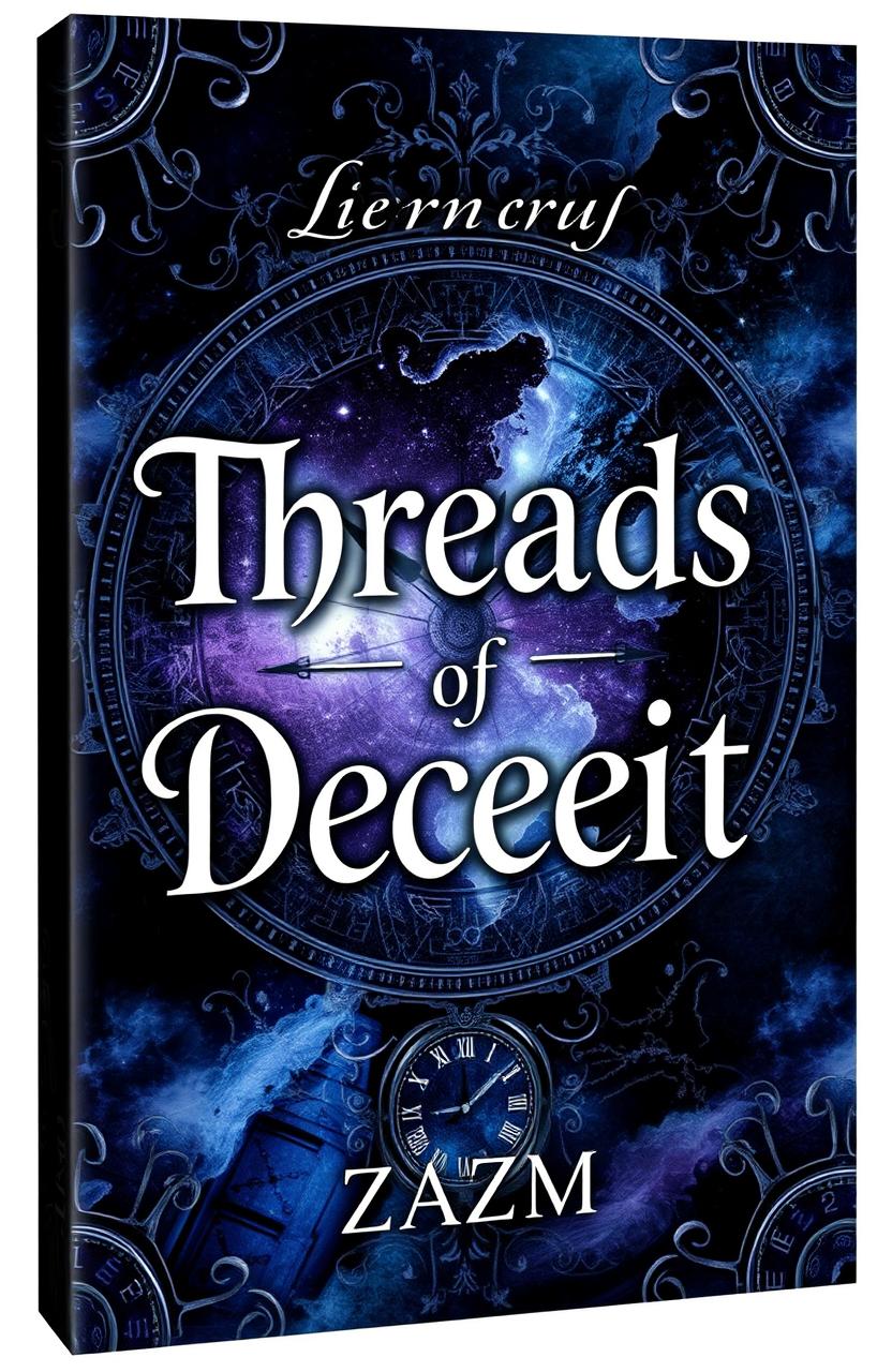 A mysterious book cover design featuring the title 'Threads of Deceit' in a captivating and elegant font, prominently displayed
