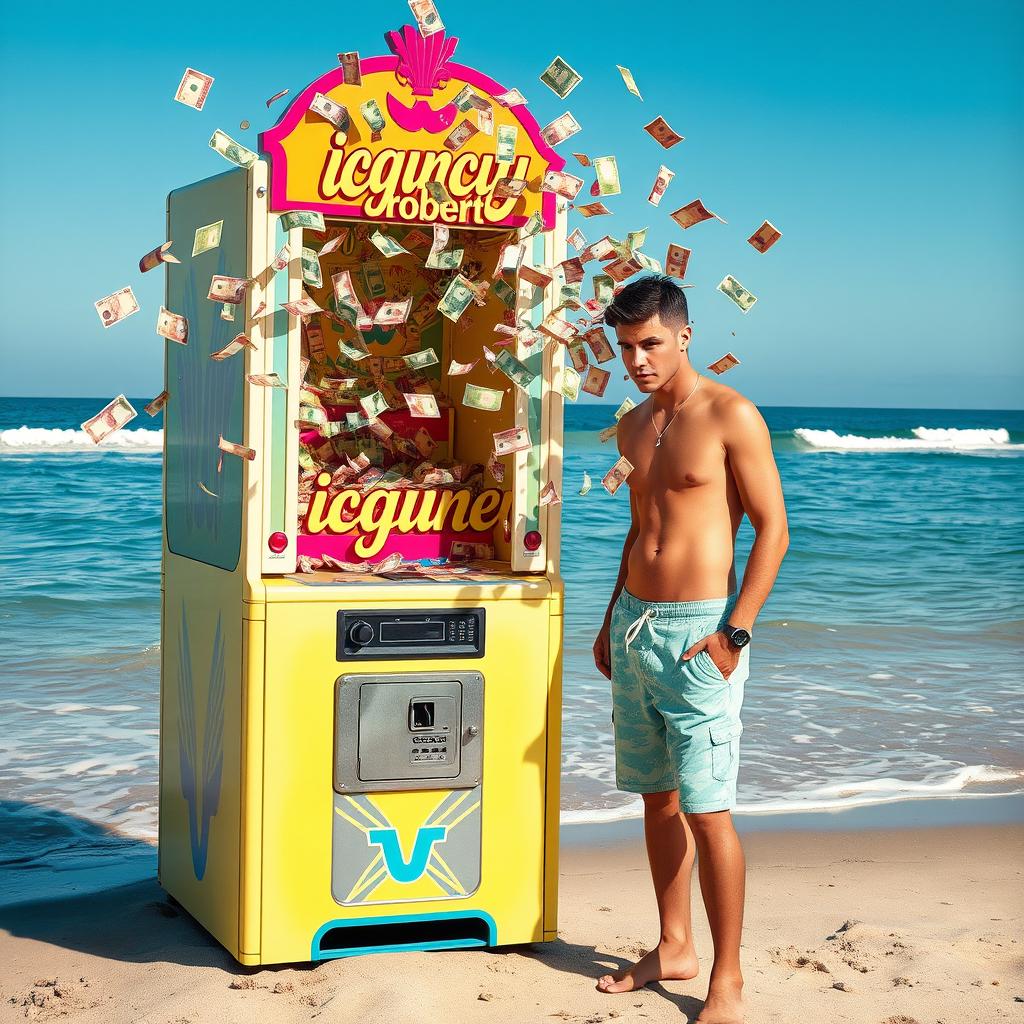 A young man in modern, stylish beach attire stands on the shore beside a vibrant arcade machine