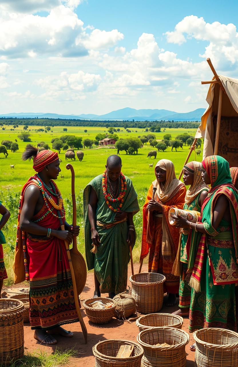 A beautifully detailed historical scene showcasing Ancient Kenya's interactions with the world