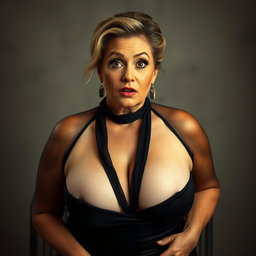 A stunning 50-year-old woman dressed in a sexy mourning outfit that reveals her ample cleavage, facing the camera with a surprised expression