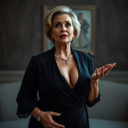 A stunning 50-year-old woman dressed in a sexy mourning outfit that reveals her ample cleavage, facing the camera with a surprised expression