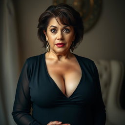 A stunning 50-year-old woman dressed in a sexy mourning outfit that reveals her ample cleavage, facing the camera with a surprised expression