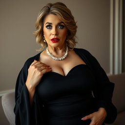 A gorgeous 50-year-old woman dressed in a seductive mourning outfit that reveals her generous cleavage, looking directly at the camera with a surprised expression