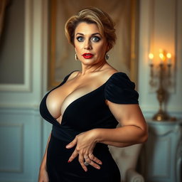 A beautiful 50-year-old woman styled provocatively in a sexy mourning dress, showcasing her ample cleavage, looking directly at the camera with an astonished expression
