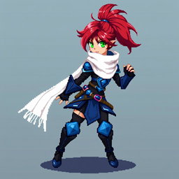 Pixel character full body sprite of a rogue girl with vibrant red hair styled in a high ponytail