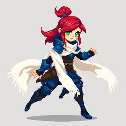 Pixel character full body sprite of a rogue girl with vibrant red hair styled in a high ponytail