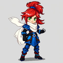 Pixel character full body sprite of a rogue girl with vibrant red hair styled in a high ponytail