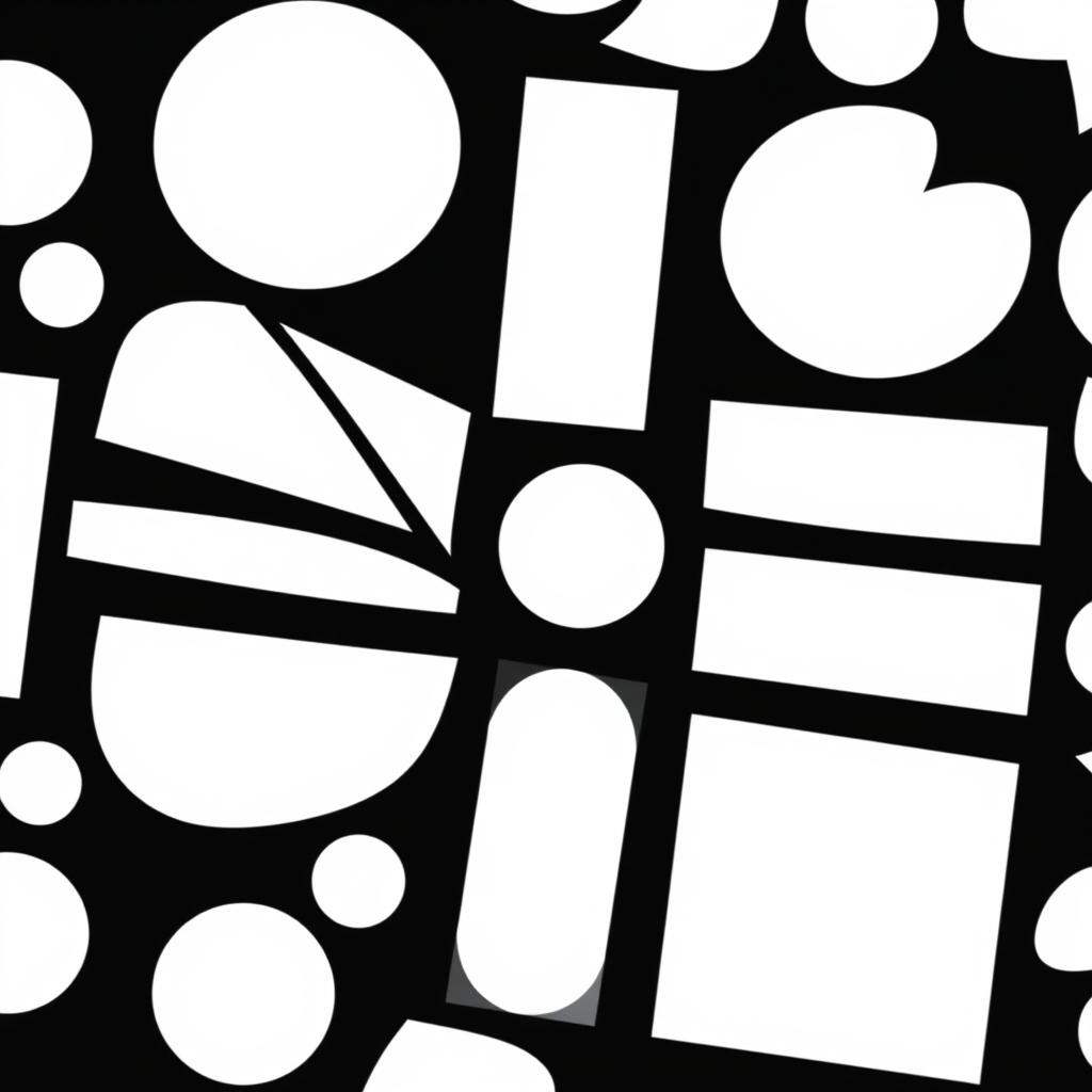An abstract geometric design featuring various shapes and forms with bold black outlines and completely white interiors