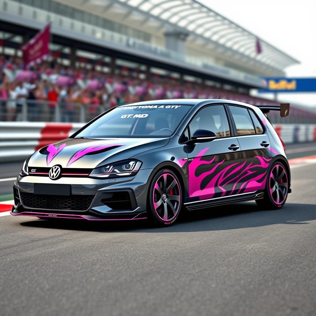 A racing-style Golf GTI in Daytona Grey, featuring vibrant pink graphics and designs on the body