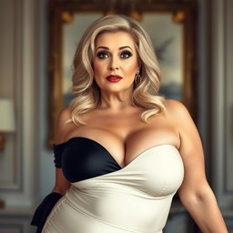 A captivating 50-year-old woman dressed in a sexy mourning outfit that prominently displays her generous cleavage, looking straight at the camera with a surprised expression