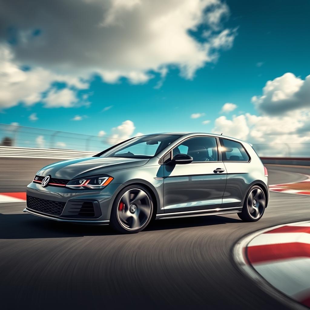 A sleek Golf GTI in a stunning Daytona Grey color, positioned in a dynamic racing scene
