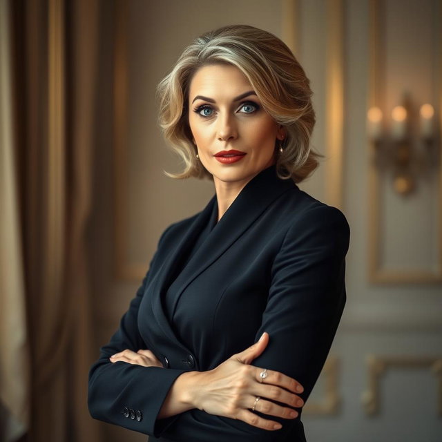 A beautiful 50-year-old woman dressed in a mourning outfit, looking directly at the camera with a surprised expression