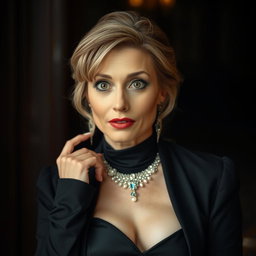 A beautiful 50-year-old woman dressed in a mourning outfit, looking directly at the camera with a surprised expression