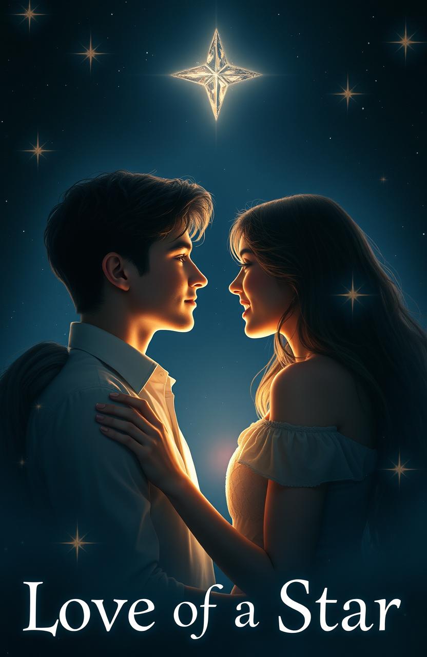 A romantic scene titled 'Love of a Star', featuring a handsome young man and a beautiful young woman in the center, gazing deeply into each other's eyes, surrounded by a soft celestial glow