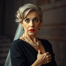 A captivating 50-year-old woman dressed in a mourning outfit, facing the camera directly with a surprised expression