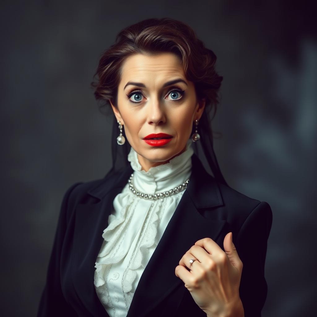 A captivating 50-year-old woman dressed in a mourning outfit, facing the camera directly with a surprised expression