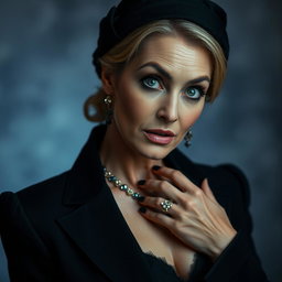 A captivating 50-year-old woman dressed in a mourning outfit, facing the camera directly with a surprised expression