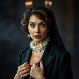 A captivating 50-year-old woman dressed in a mourning outfit, facing the camera directly with a surprised expression