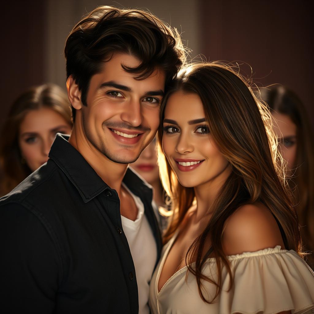 In the center of the composition, a mature couple in their 20s, deeply in love, share an intimate moment