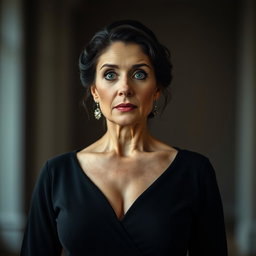 A gorgeous 50-year-old woman dressed in elegant mourning attire, standing front-facing and looking directly at the camera with an expression of surprise