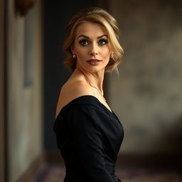 A gorgeous 50-year-old woman dressed in elegant mourning attire, standing front-facing and looking directly at the camera with an expression of surprise