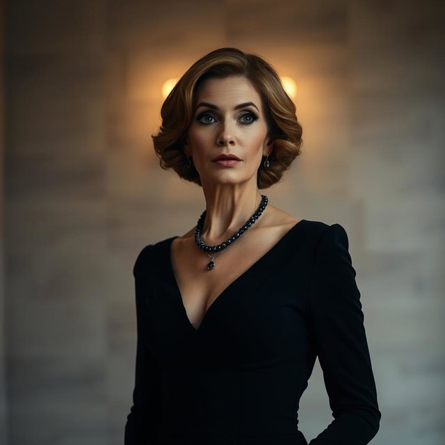 A gorgeous 50-year-old woman dressed in elegant mourning attire, standing front-facing and looking directly at the camera with an expression of surprise