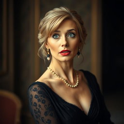 An attractive 50-year-old woman dressed in elegant mourning attire, looking directly at the camera with a surprised expression