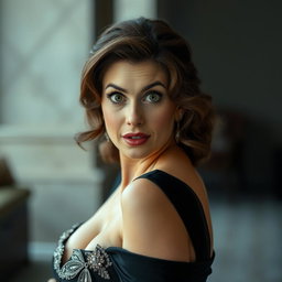 An attractive 50-year-old woman dressed in elegant mourning attire, looking directly at the camera with a surprised expression