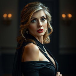 An attractive 50-year-old woman dressed in elegant mourning attire, looking directly at the camera with a surprised expression