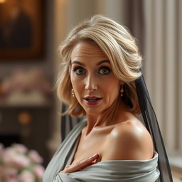 An attractive 50-year-old woman dressed in mourning attire, facing the camera with a surprised expression