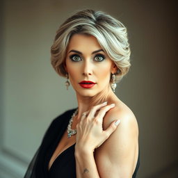 An attractive 50-year-old woman dressed in mourning attire, facing the camera with a surprised expression