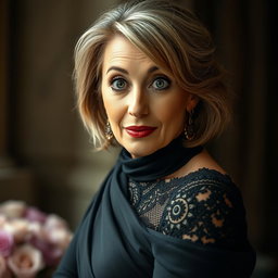 An attractive 50-year-old woman dressed in mourning attire, facing the camera with a surprised expression