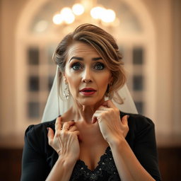 An attractive 50-year-old woman dressed in mourning attire, facing the camera with a surprised expression
