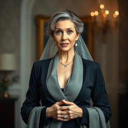 A beautiful 50-year-old woman dressed in stylish mourning attire, standing in front of the camera with an expression of surprise