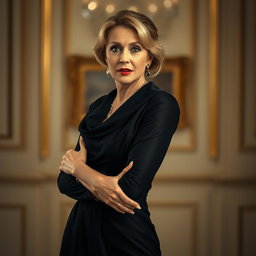 A beautiful 50-year-old woman dressed in stylish mourning attire, standing in front of the camera with an expression of surprise