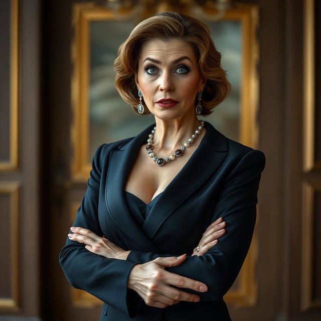 A beautiful 50-year-old woman dressed in stylish mourning attire, standing in front of the camera with an expression of surprise