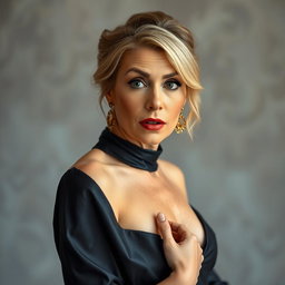 A stunning 50-year-old woman dressed in chic mourning attire, facing the camera with an expression of surprise