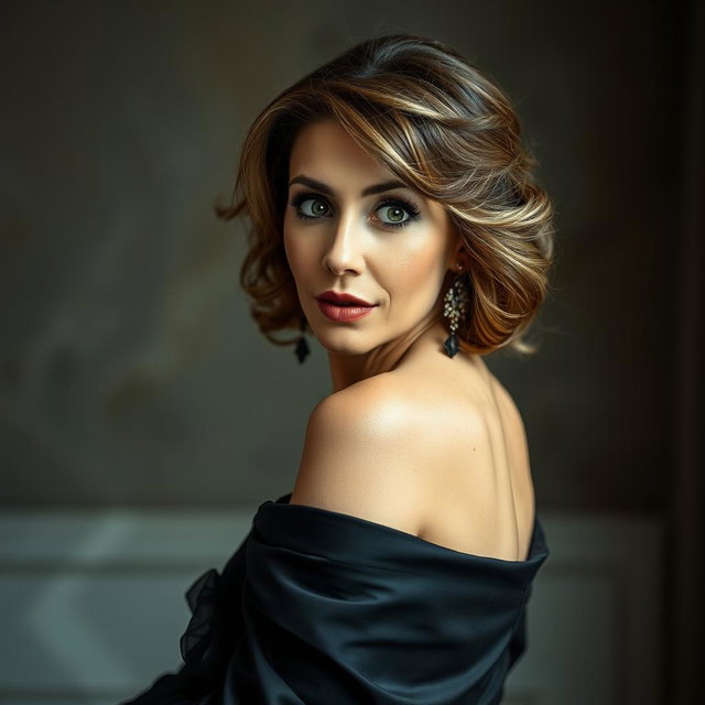 A stunning 50-year-old woman dressed in chic mourning attire, facing the camera with an expression of surprise