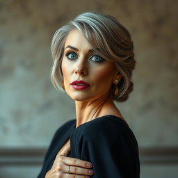 A stunning 50-year-old woman dressed in chic mourning attire, facing the camera with an expression of surprise