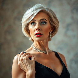 A stunning 50-year-old woman dressed in chic mourning attire, facing the camera with an expression of surprise