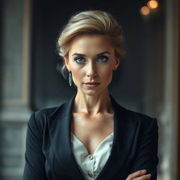 A stunning 50-year-old woman dressed in elegant mourning clothes, looking directly at the camera with a surprised expression