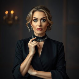 A stunning 50-year-old woman dressed in elegant mourning clothes, looking directly at the camera with a surprised expression