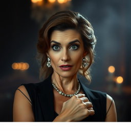 A stunning 50-year-old woman dressed in elegant mourning clothes, looking directly at the camera with a surprised expression