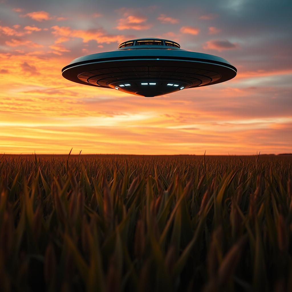 A UFO hovering above a vast cornfield during a dramatic sunset, capturing the essence of a sci-fi documentary