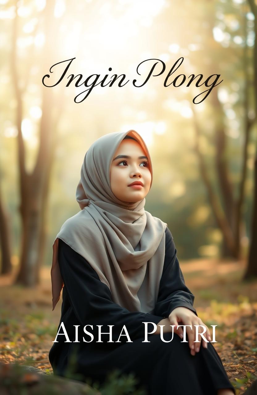 A book cover design featuring a young Muslim woman wearing a hijab, looking contemplative as she sits in a serene outdoor setting surrounded by nature