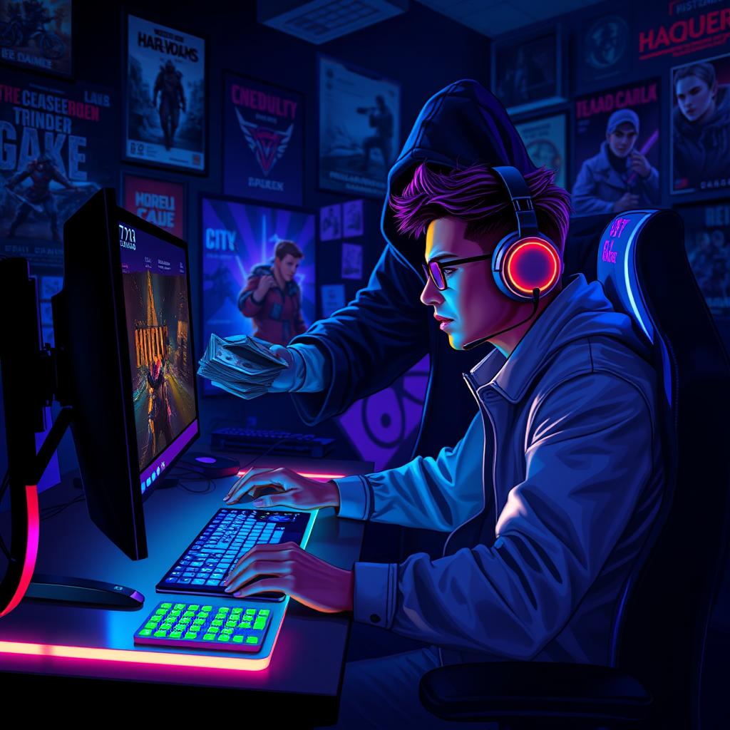 A mysterious, dark-themed digital artwork depicting a charismatic streamer, sitting at a modern gaming desk filled with colorful LED lights