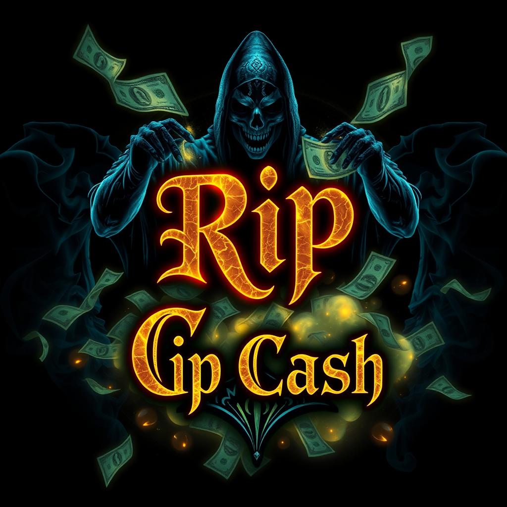 A chilling and evocative logo design that visually represents an increase in money in a terrifying manner, incorporating dark fantasy elements