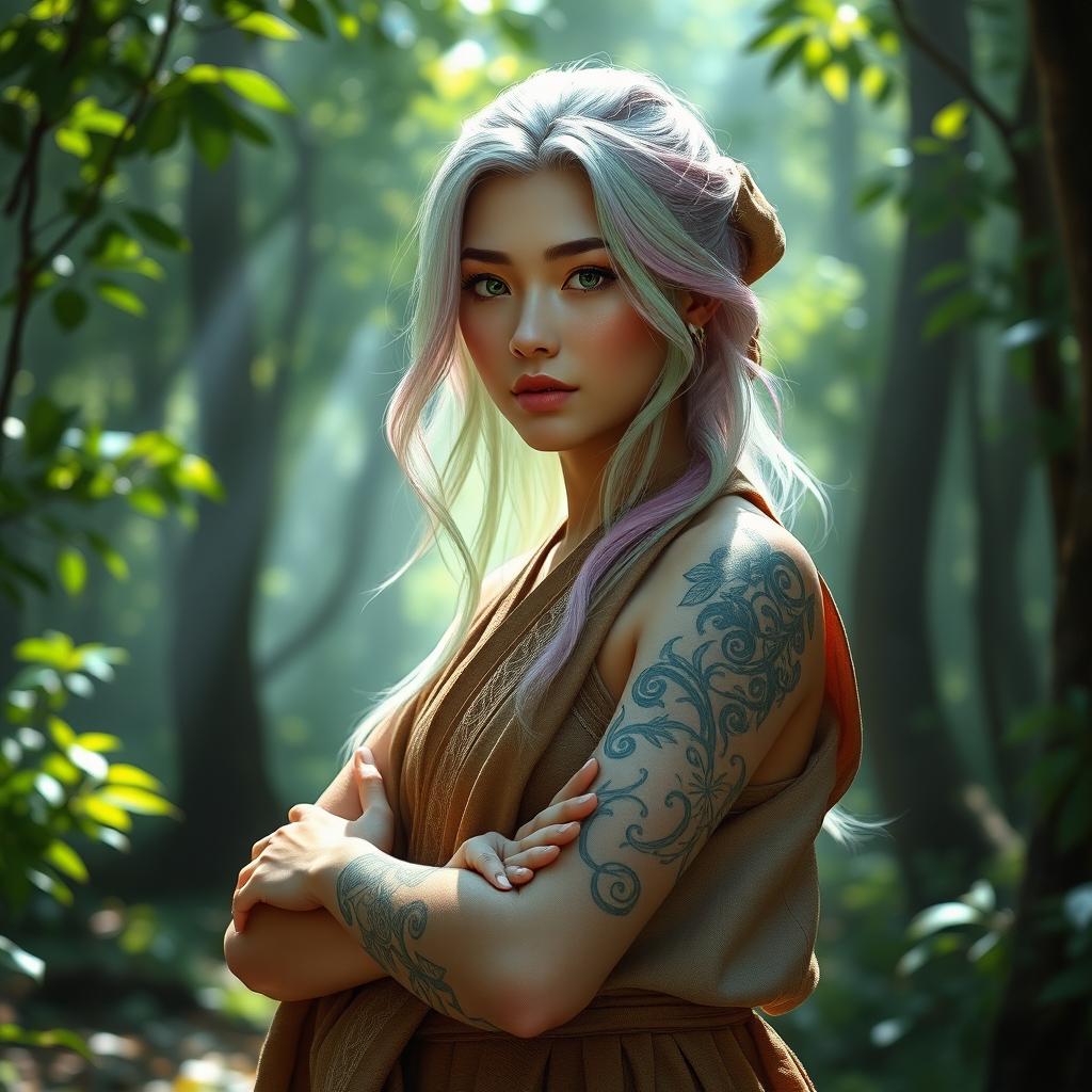 A beautiful human monk named Rosetta Blackthorn stands gracefully in a mystical forest