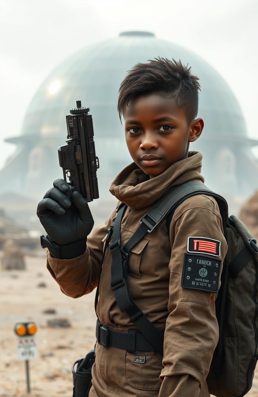 A 16-year-old black girl with short hair, wearing combat fatigues, confidently holding a futuristic laser pistol