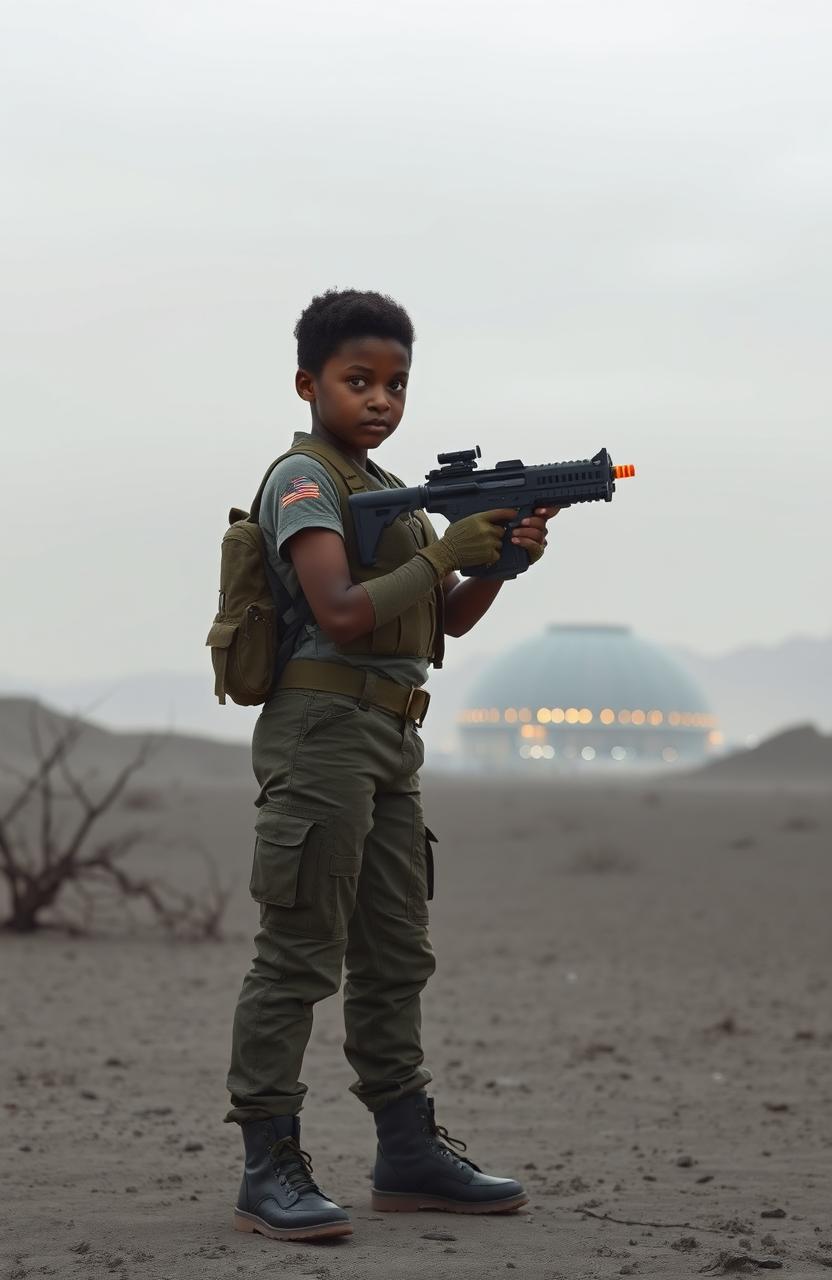 A 16 year old black girl with short hair, dressed in combat fatigues, confidently carrying a futuristic laser pistol